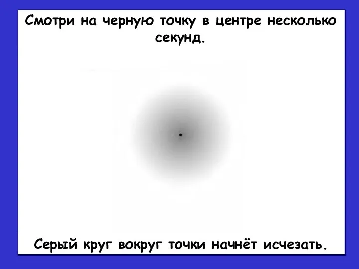 Серый круг вокруг точки начнёт исчезать. Смотри на черную точку в центре несколько секунд.
