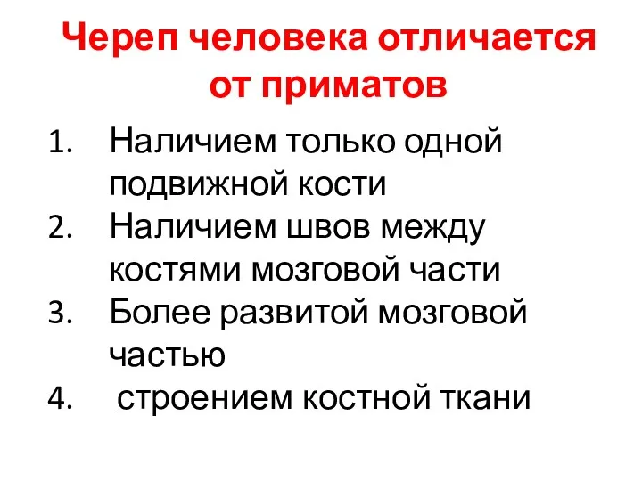 Череп человека отличается от приматов Наличием только одной подвижной кости