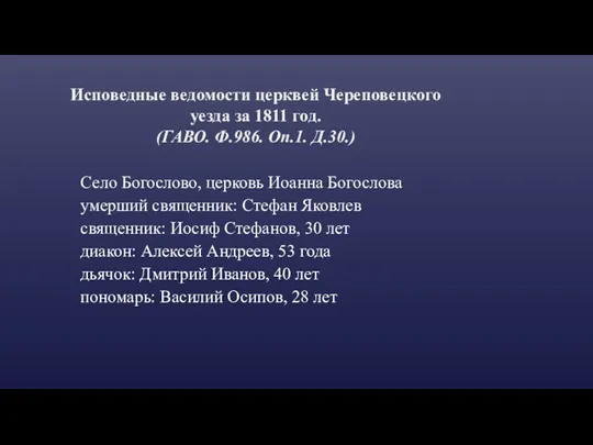 Исповедные ведомости церквей Череповецкого уезда за 1811 год. (ГАВО. Ф.986.