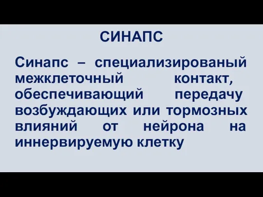 СИНАПС Синапс – специализированый межклеточный контакт, обеспечивающий передачу возбуждающих или