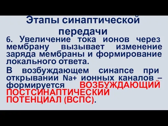 Этапы синаптической передачи 6. Увеличение тока ионов через мембрану вызывает