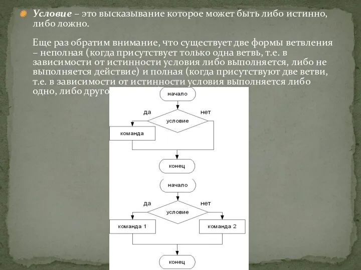 Условие – это высказывание которое может быть либо истинно, либо