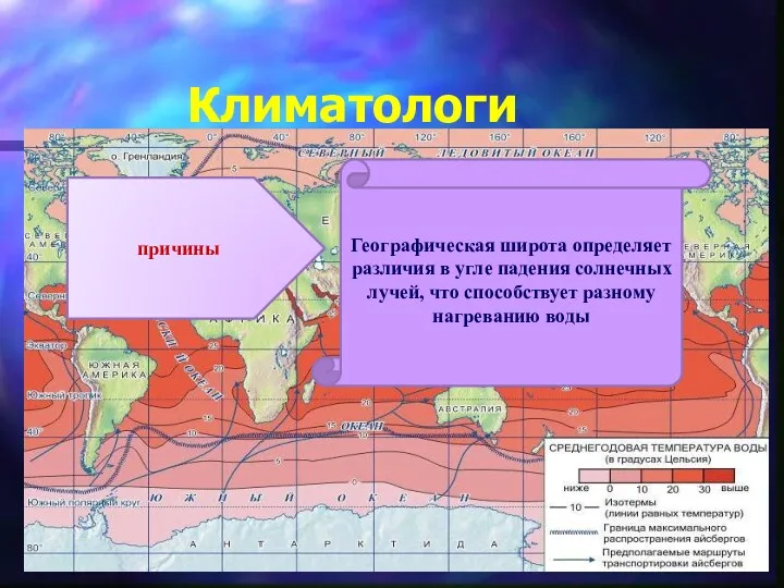 Климатологи причины Географическая широта определяет различия в угле падения солнечных лучей, что способствует разному нагреванию воды