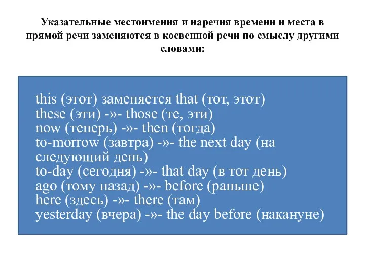 Указательные местоимения и наречия времени и места в прямой речи