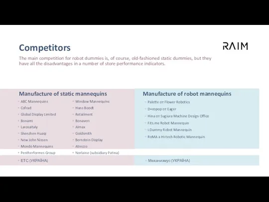 Competitors The main competition for robot dummies is, of course,