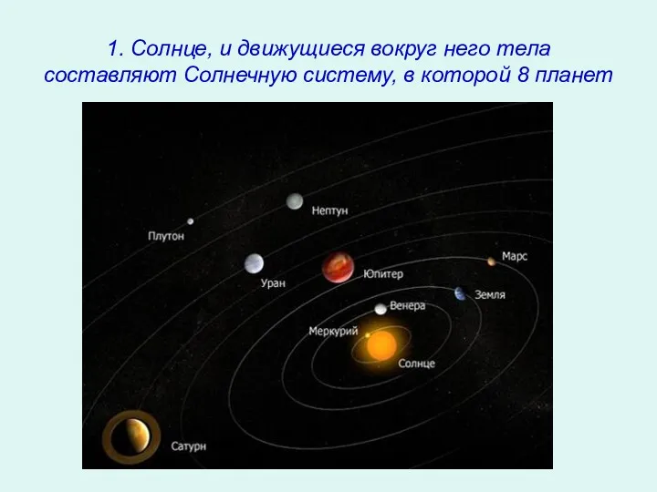 1. Солнце, и движущиеся вокруг него тела составляют Солнечную систему, в которой 8 планет