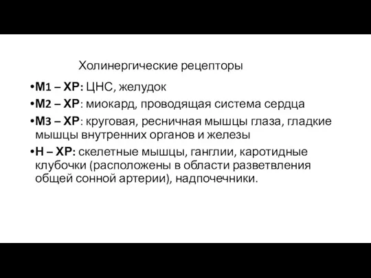 Холинергические рецепторы М1 – ХР: ЦНС, желудок М2 – ХР: миокард, проводящая система