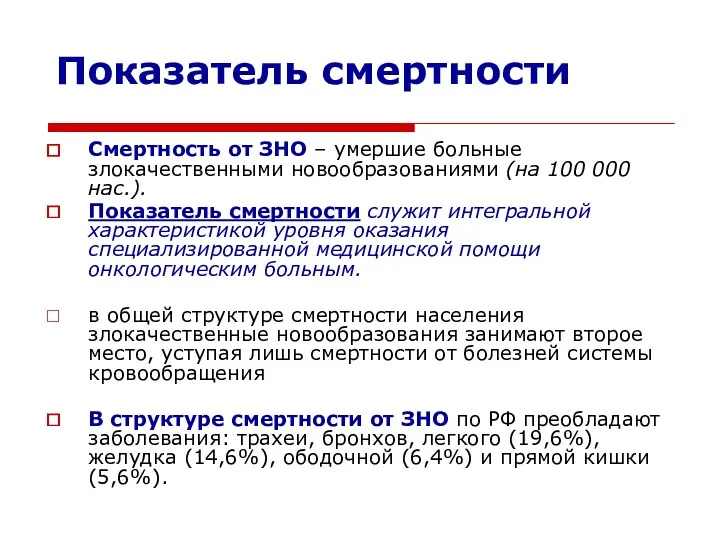 Показатель смертности Смертность от ЗНО – умершие больные злокачественными новообразованиями