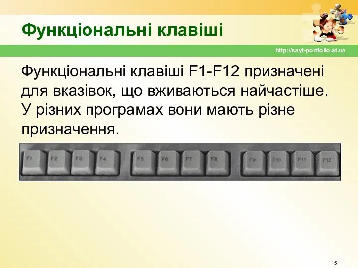 Функціональні клавіші Функціональні клавіші F1-F12 призначені для вказівок, що вживаються