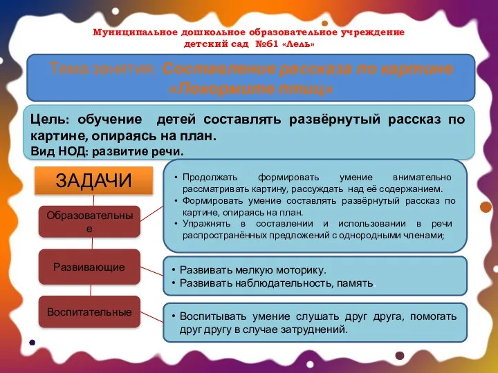 Муниципальное дошкольное образовательное учреждение детский сад №61 «Лель» Тема занятия: