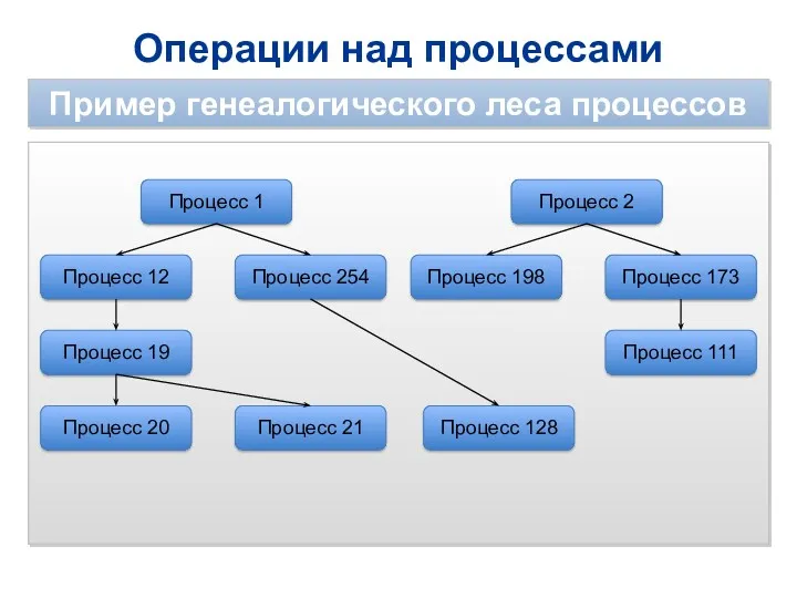 Операции над процессами Пример генеалогического леса процессов Процесс 1 Процесс 12 Процесс 254