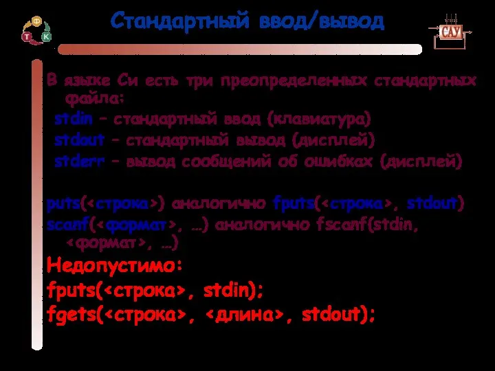 Стандартный ввод/вывод В языке Си есть три преопределенных стандартных файла: