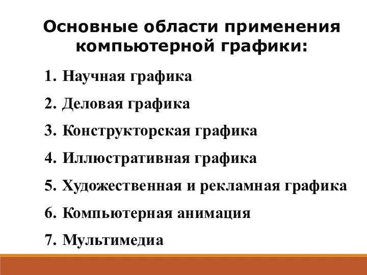 Основные области применения компьютерной графики: Научная графика Деловая графика Конструкторская