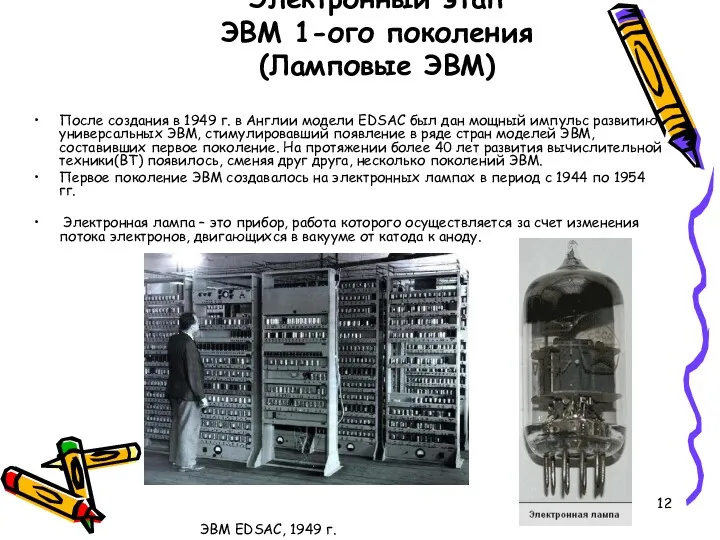 Электронный этап ЭВМ 1-ого поколения (Ламповые ЭВМ) После создания в 1949 г. в