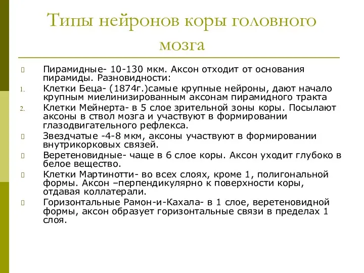 Типы нейронов коры головного мозга Пирамидные- 10-130 мкм. Аксон отходит от основания пирамиды.