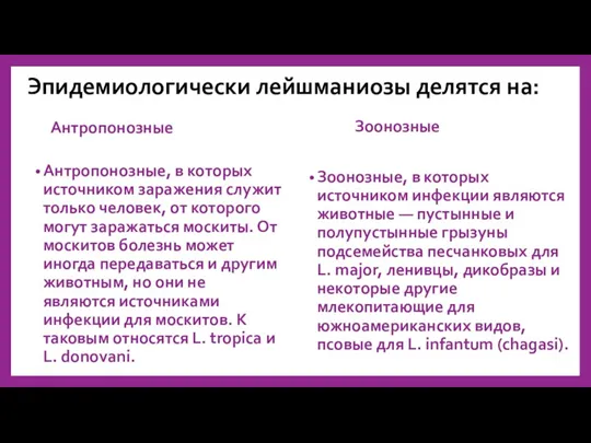 Эпидемиологически лейшманиозы делятся на: Антропонозные Антропонозные, в которых источником заражения