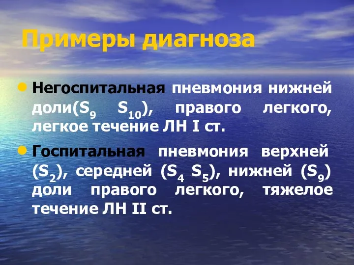 Примеры диагноза Негоспитальная пневмония нижней доли(S9 S10), правого легкого, легкое