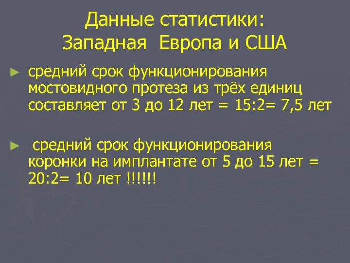 Данные статистики: Западная Eвропа и США средний срок функционирования мостовидного