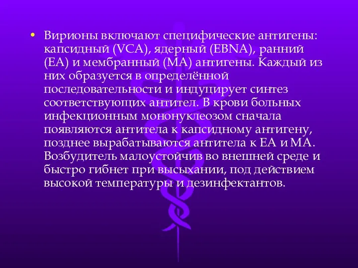 Вирионы включают специфические антигены: капсидный (VCA), ядерный (EBNA), ранний (ЕА)