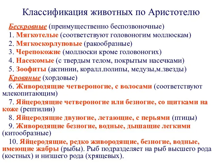 Классификация животных по Аристотелю Бескровные (преимущественно беспозвоночные) 1. Мягкотелые (соответствуют