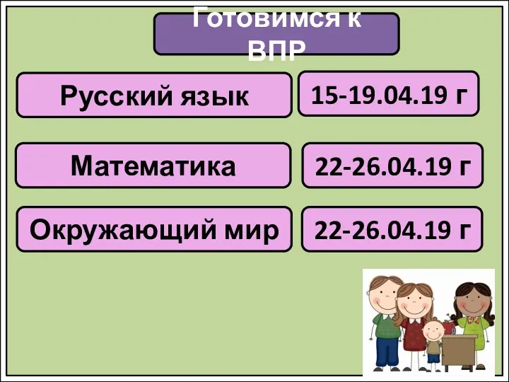 Готовимся к ВПР Русский язык Математика Окружающий мир 15-19.04.19 г 22-26.04.19 г 22-26.04.19 г