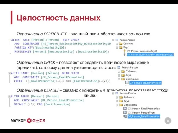 Целостность данных Ограничение FOREIGN KEY – внешний ключ, обеспечивает ссылочную