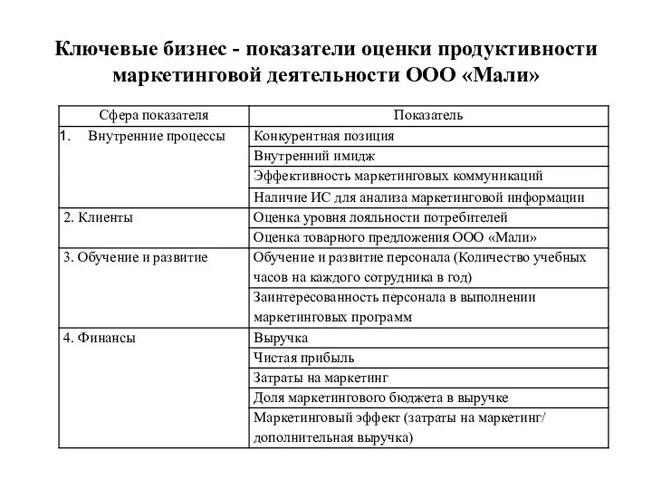 Ключевые бизнес - показатели оценки продуктивности маркетинговой деятельности ООО «Мали»