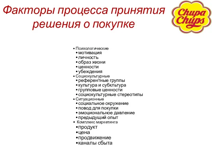 Факторы процесса принятия решения о покупке Психологические мотивация личность образ