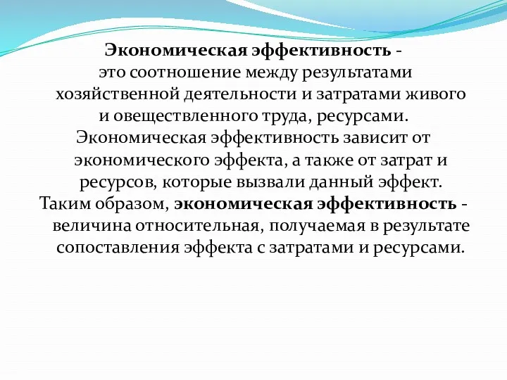 Экономическая эффективность - это соотношение между результатами хозяйственной деятельности и