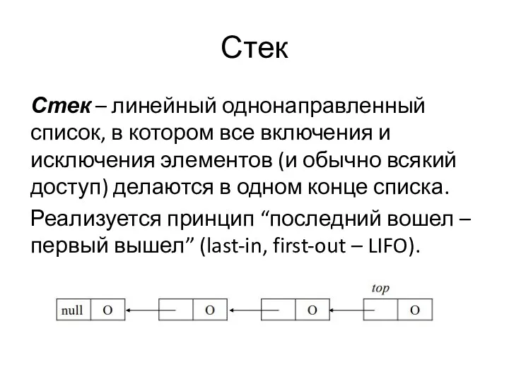 Стек Стек – линейный однонаправленный список, в котором все включения