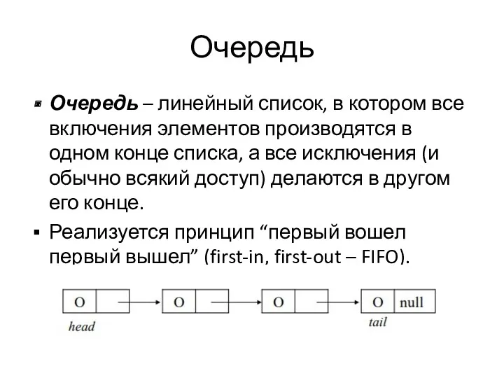 Очередь Очередь – линейный список, в котором все включения элементов