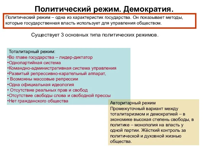 Политический режим. Демократия. Политический режим – одна из характеристик государства.