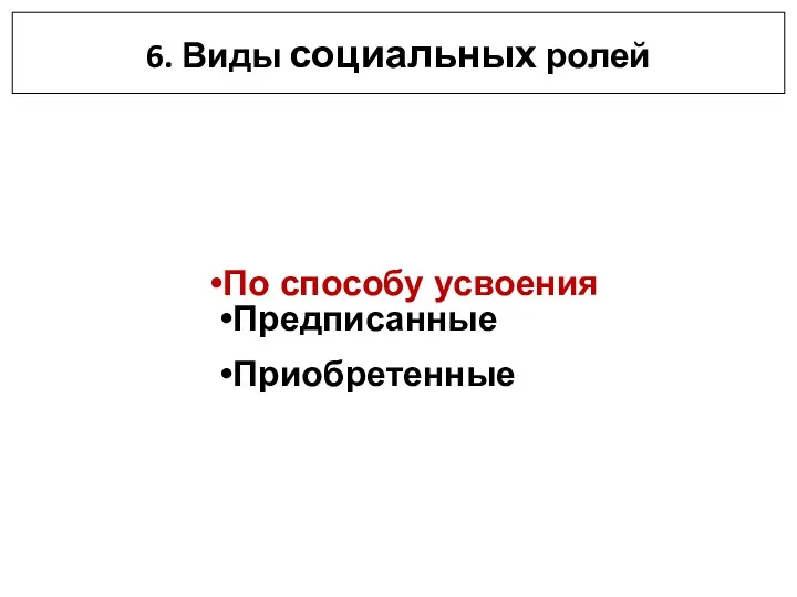 6. Виды социальных ролей По способу усвоения Предписанные Приобретенные