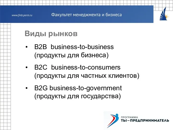 Виды рынков В2В business-to-business (продукты для бизнеса) В2C business-to-consumers (продукты для частных клиентов)