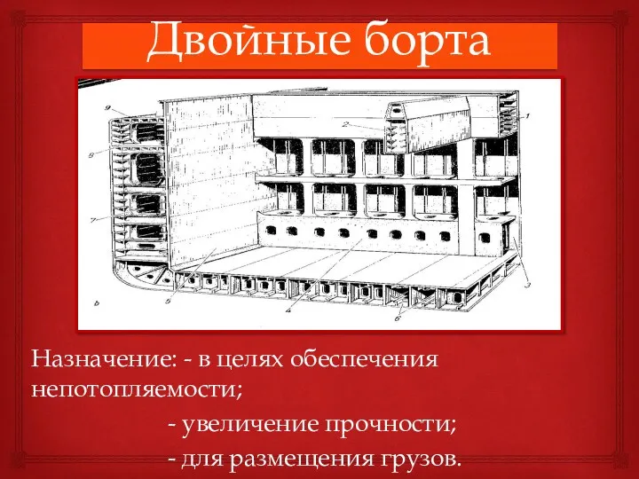 Двойные борта Назначение: - в целях обеспечения непотопляемости; - увеличение прочности; - для размещения грузов.