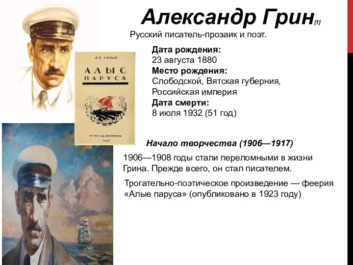 Александр Грин[1] Русский писатель-прозаик и поэт. Дата рождения: 23 августа 1880 Место рождения: