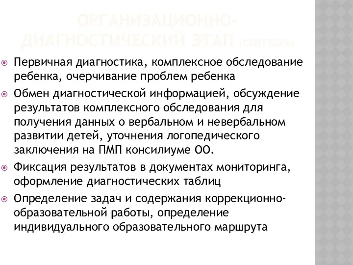 ОРГАНИЗАЦИОННО-ДИАГНОСТИЧЕСКИЙ ЭТАП (СЕНТЯБРЬ) Первичная диагностика, комплексное обследование ребенка, очерчивание проблем