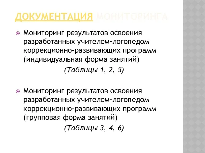 ДОКУМЕНТАЦИЯ МОНИТОРИНГА Мониторинг результатов освоения разработанных учителем-логопедом коррекционно-развивающих программ (индивидуальная