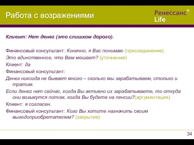 Клиент: Нет денег (это слишком дорого). Финансовый консультант: Конечно, я