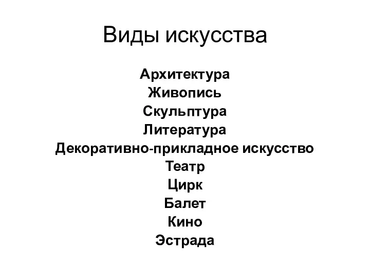 Виды искусства Архитектура Живопись Скульптура Литература Декоративно-прикладное искусство Театр Цирк Балет Кино Эстрада