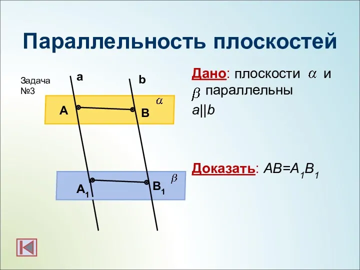 Параллельность плоскостей Дано: плоскости и параллельны a||b Доказать: АВ=А1В1 b