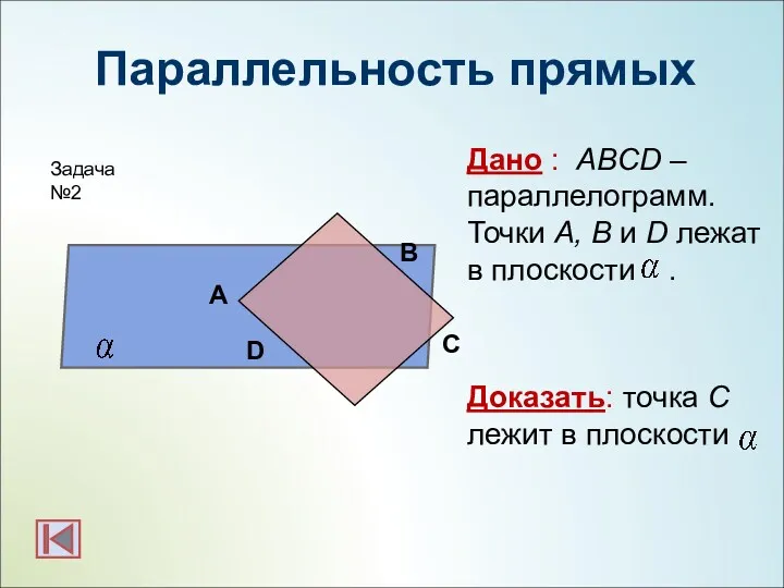 Параллельность прямых Дано : ABCD –параллелограмм. Точки A, B и