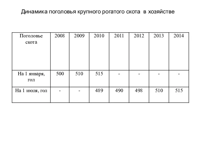 Динамика поголовья крупного рогатого скота в хозяйстве