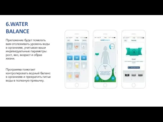 6.WATER BALANCE Приложение будет помогать вам отслеживать уровень воды в