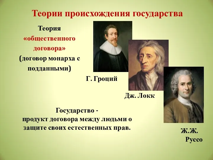 Теории происхождения государства Теория «общественного договора» (договор монарха с подданными)