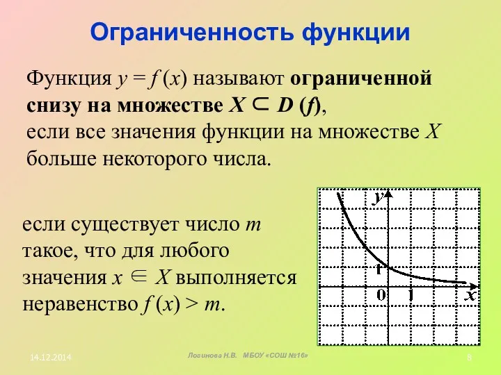 Ограниченность функции Функция у = f (x) называют ограниченной снизу