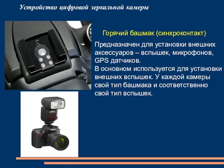 Устройство цифровой зеркальной камеры Горячий башмак (синхроконтакт) Предназначен для установки внешних аксессуаров –