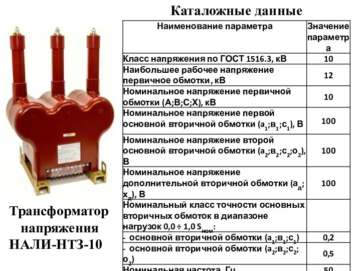 Трансформатор напряжения НАЛИ-НТЗ-10 Каталожные данные