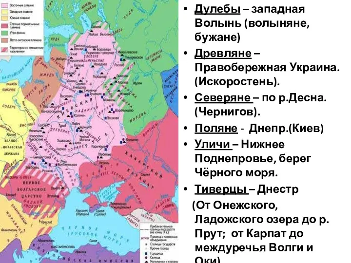 Дулебы – западная Волынь (волыняне, бужане) Древляне – Правобережная Украина.