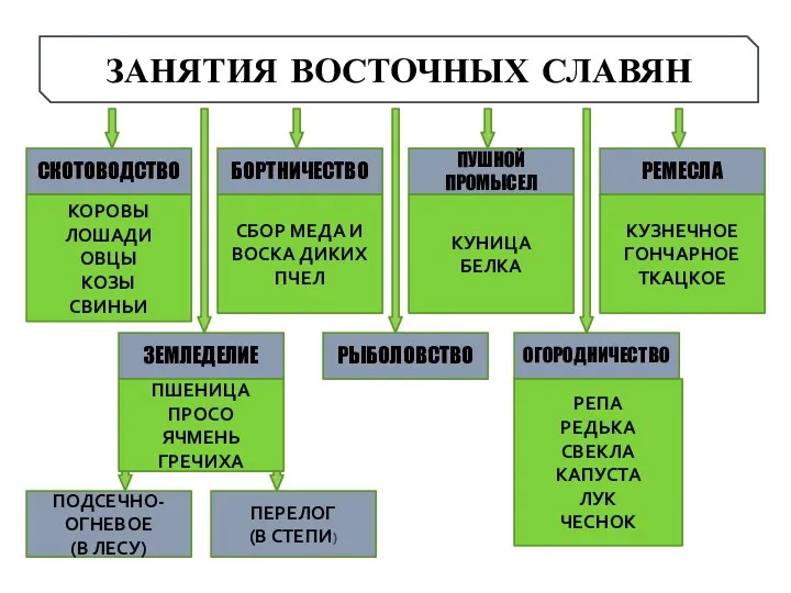 ЗАНЯТИЯ ВОСТОЧНЫХ СЛАВЯН СКОТОВОДСТВО БОРТНИЧЕСТВО РЕМЕСЛА ПУШНОЙ ПРОМЫСЕЛ КОРОВЫ ЛОШАДИ